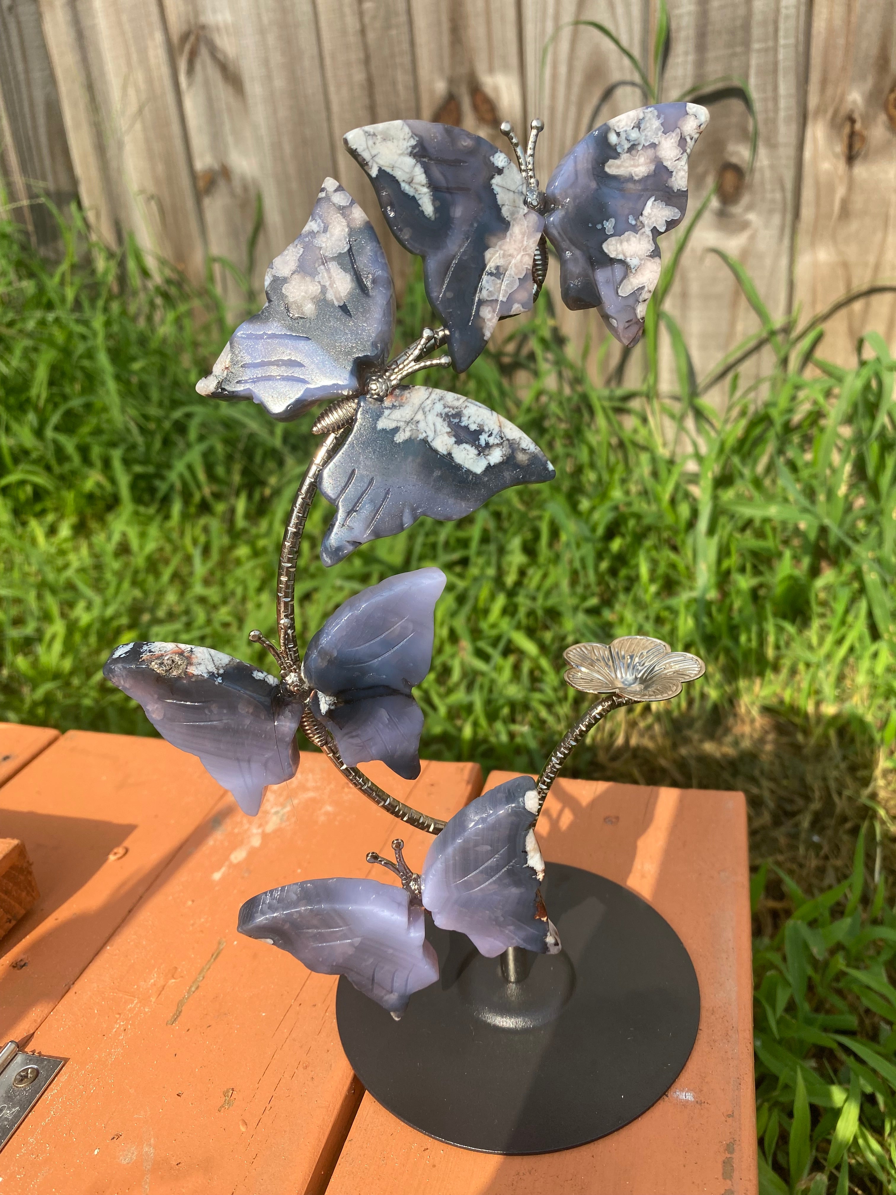 Blue Flower Agate Butterfly Sphere Stand