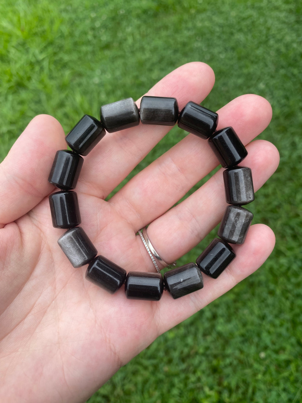 Silver Sheen Obsidian Barrel Bracelet
