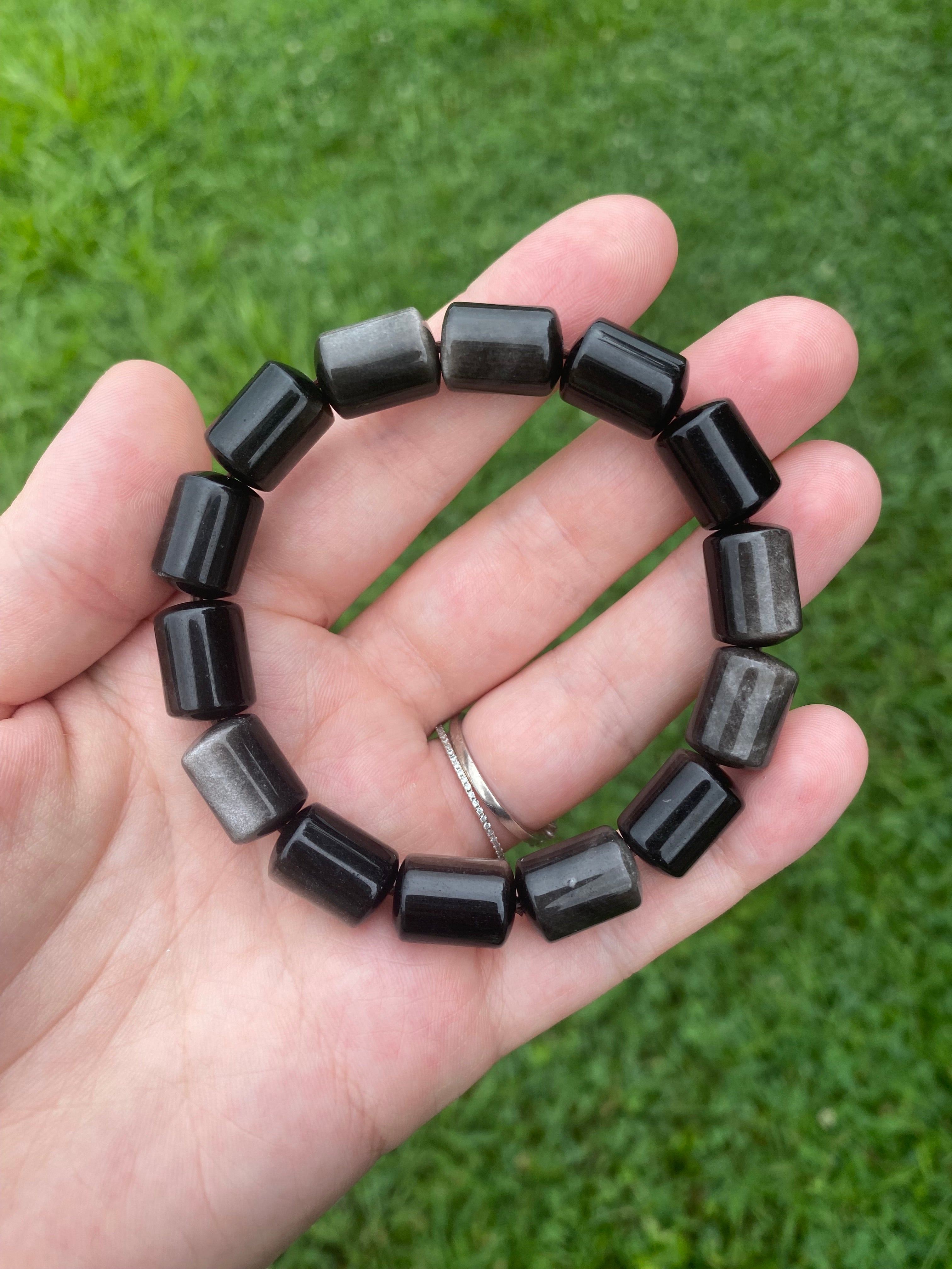 Silver Sheen Obsidian Barrel Bracelet