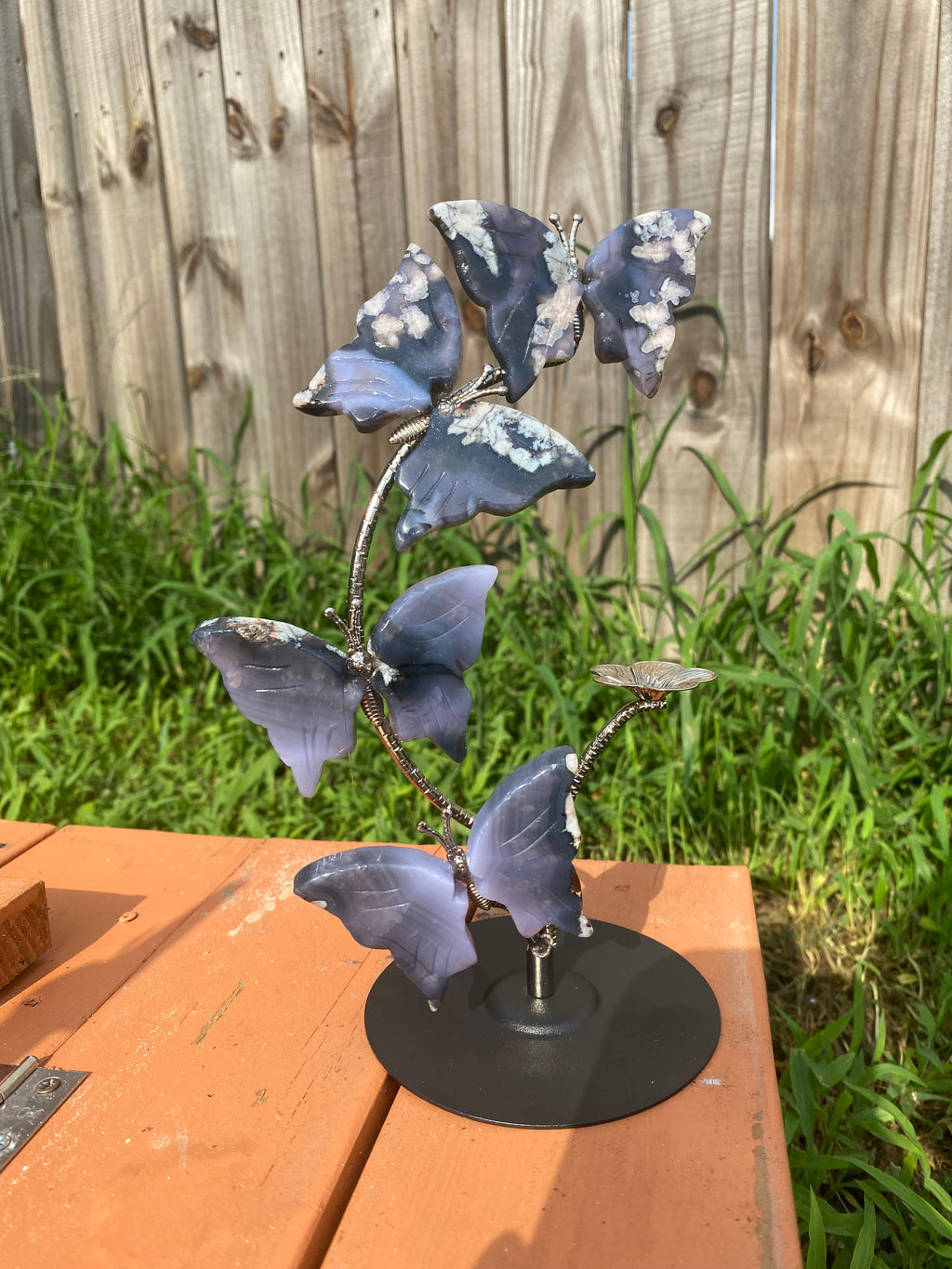 Blue Flower Agate Butterfly Sphere Stand