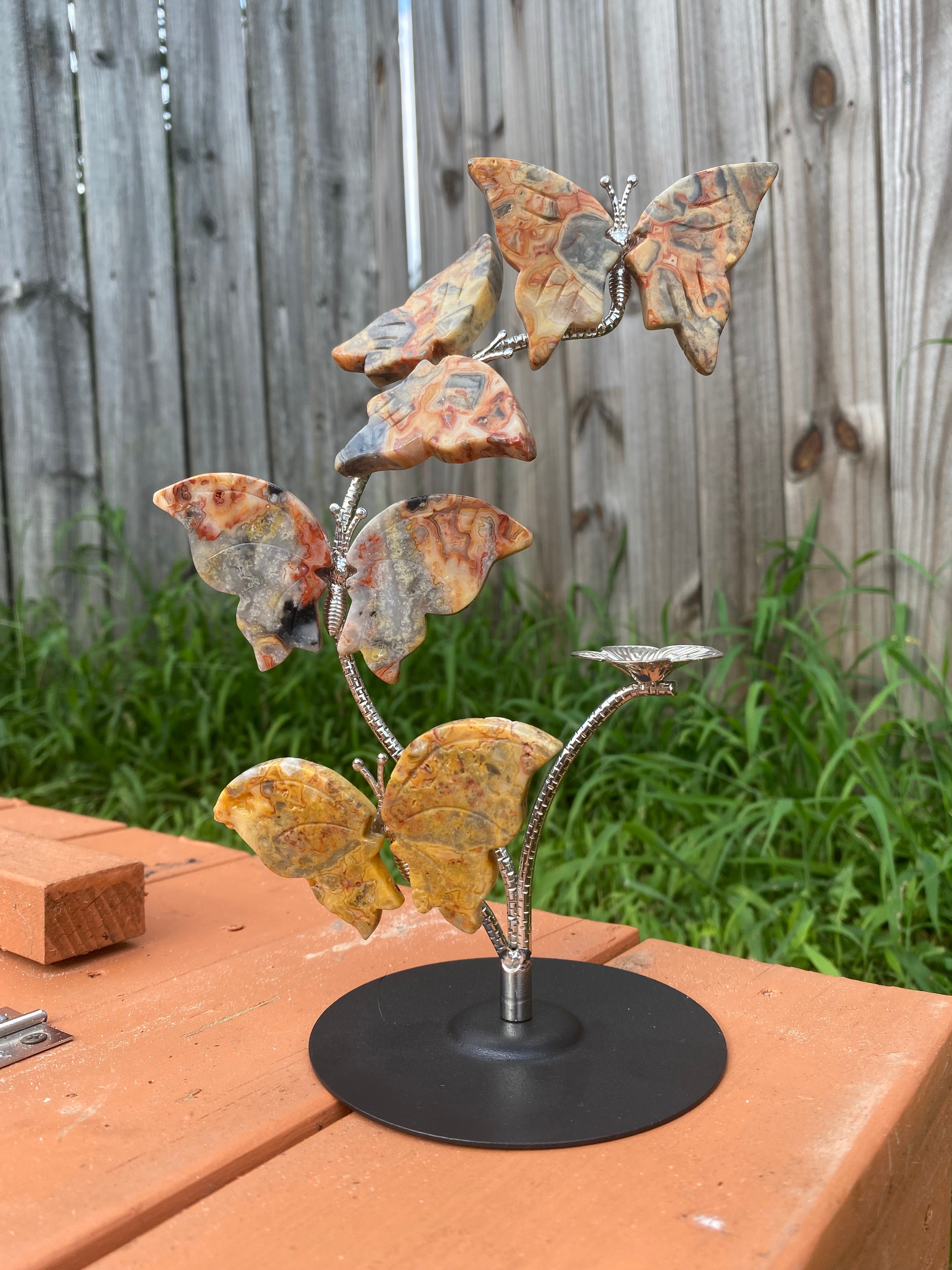 Crazy Lace Agate Butterfly Sphere Stand