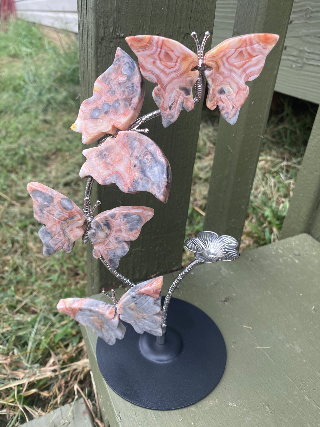 Pink Crazy Lace Agate Butterfly Sphere Stand