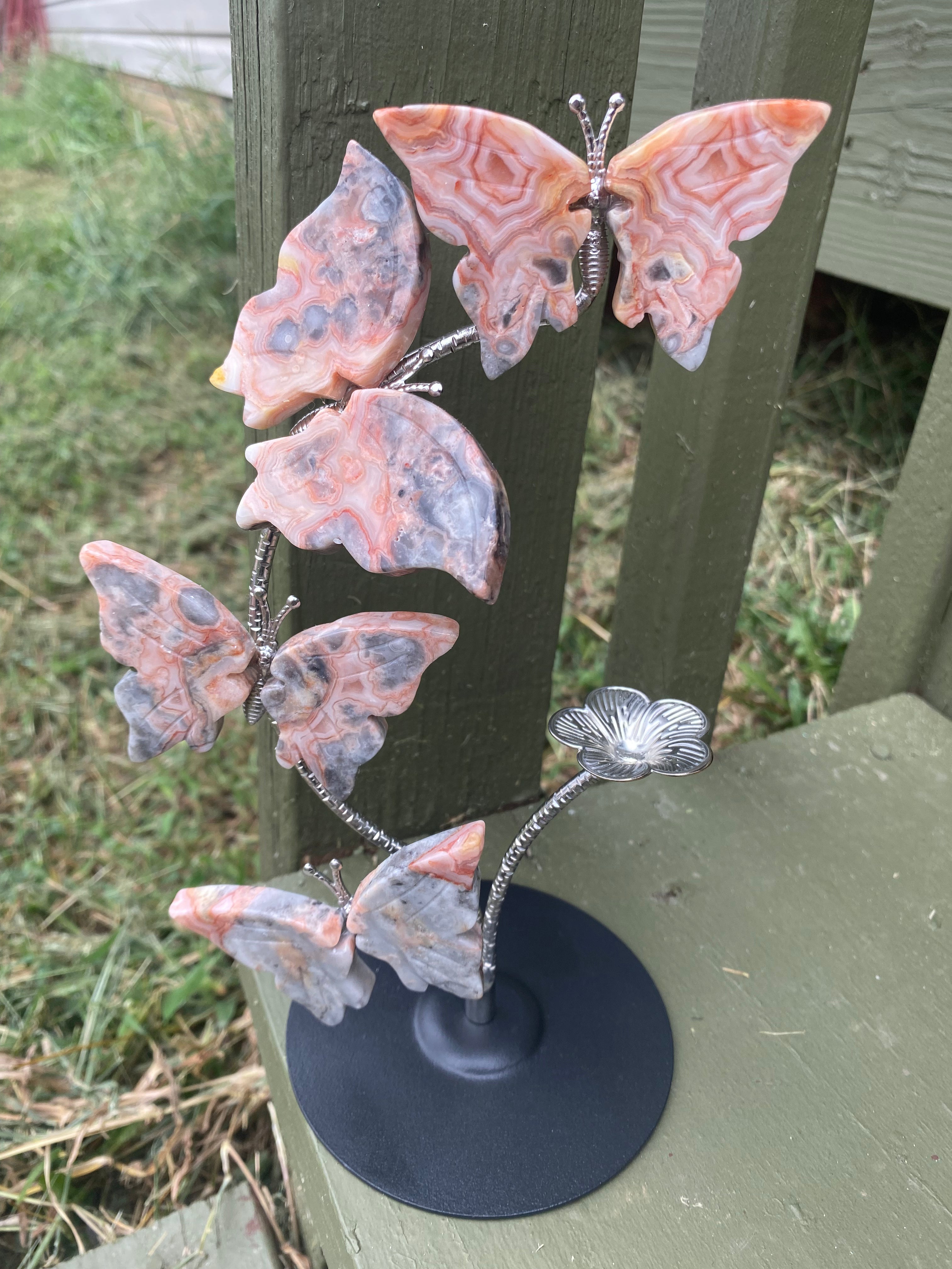 Pink Crazy Lace Agate Butterfly Sphere Stand