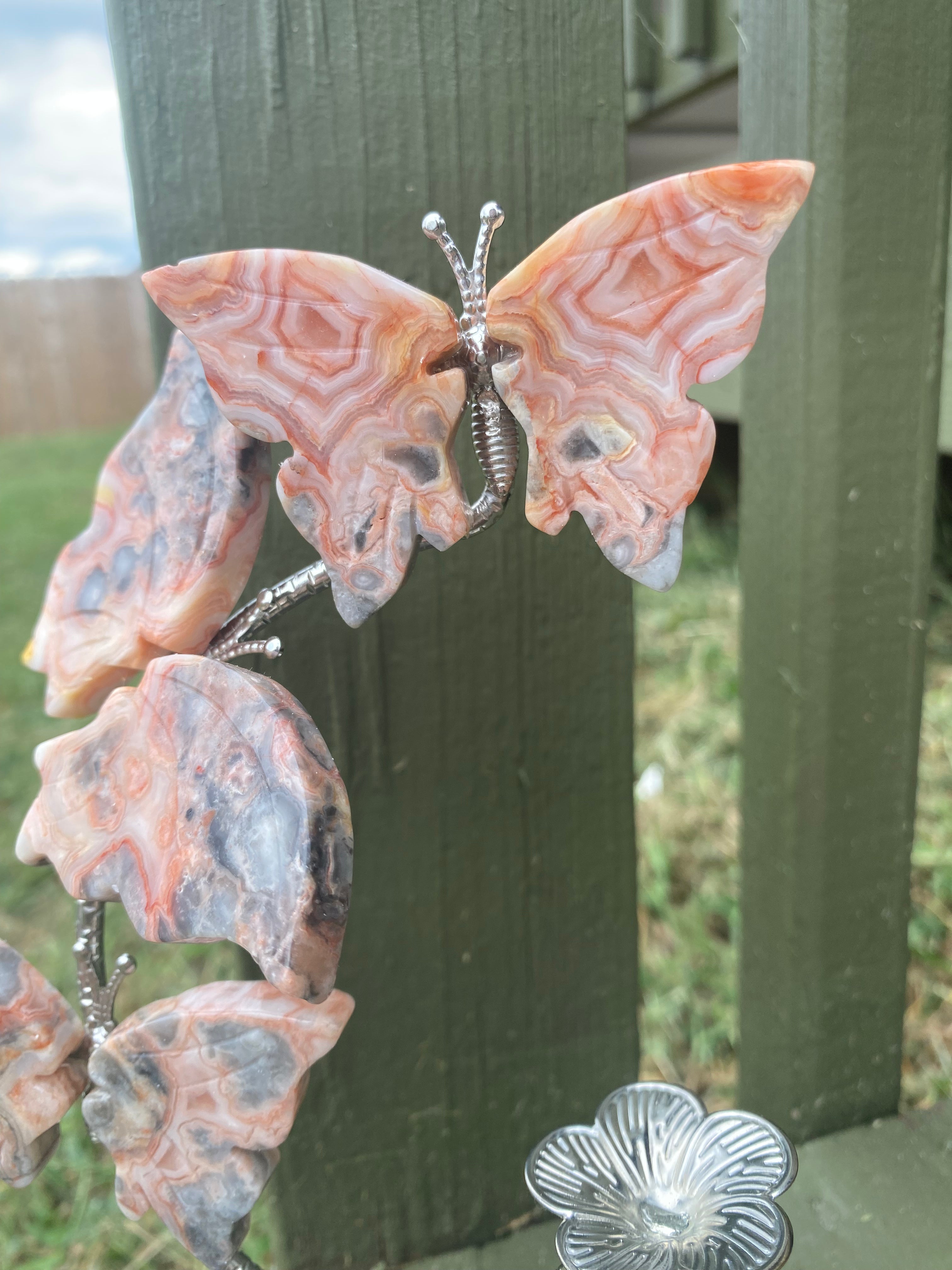 Pink Crazy Lace Agate Butterfly Sphere Stand
