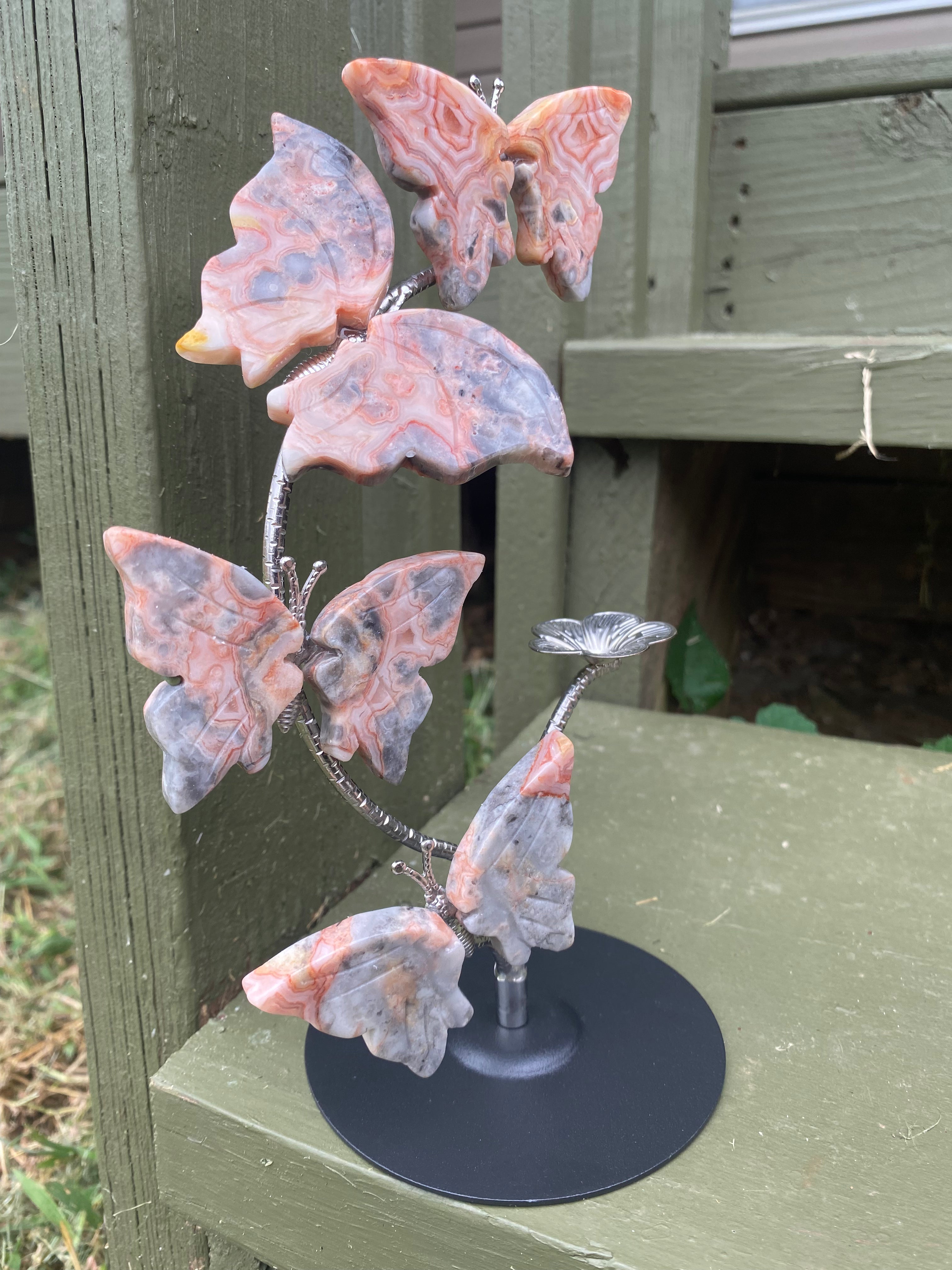 Pink Crazy Lace Agate Butterfly Sphere Stand